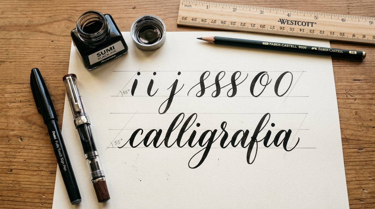 Nibs, črnilo in list za vajo kaligrafije