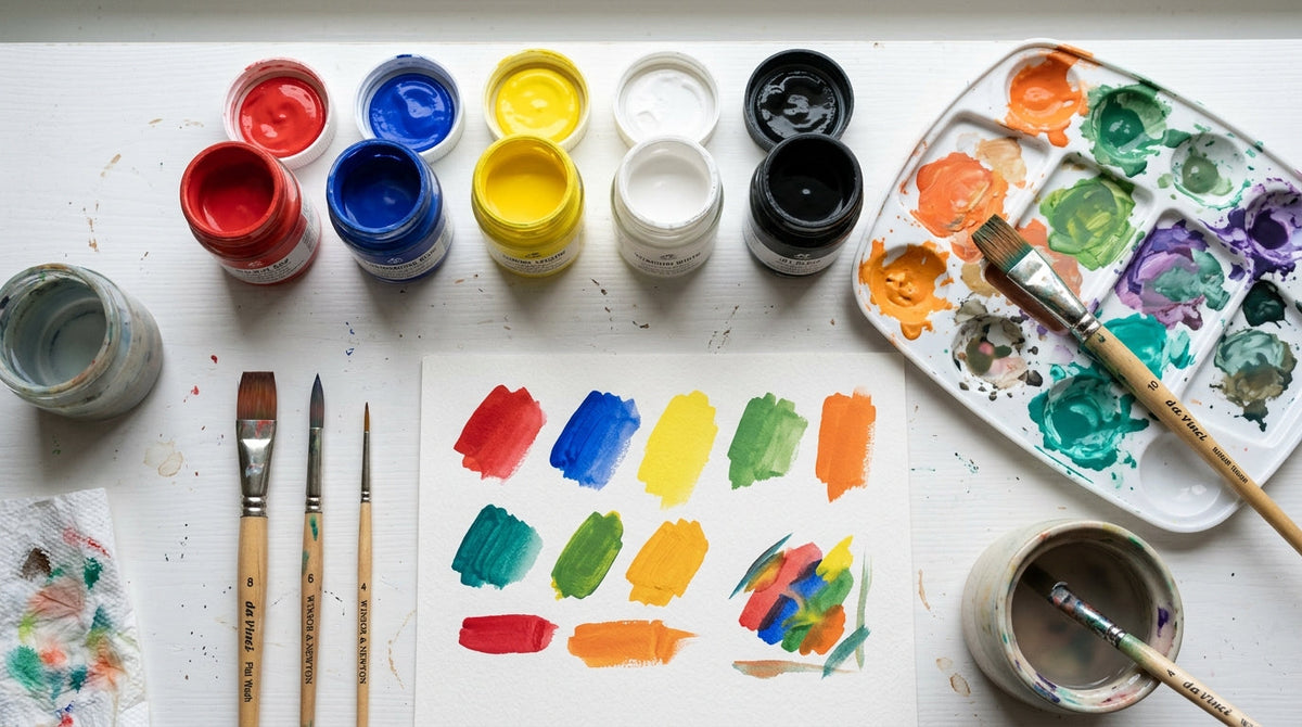 Gouache-Farbset mit Pinseln und Palette