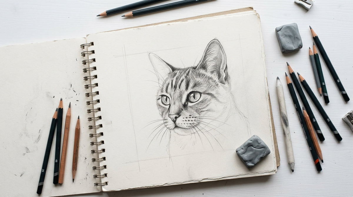 Skizzenbuch mit einer in Arbeit befindlichen Bleistiftzeichnung einer Katze