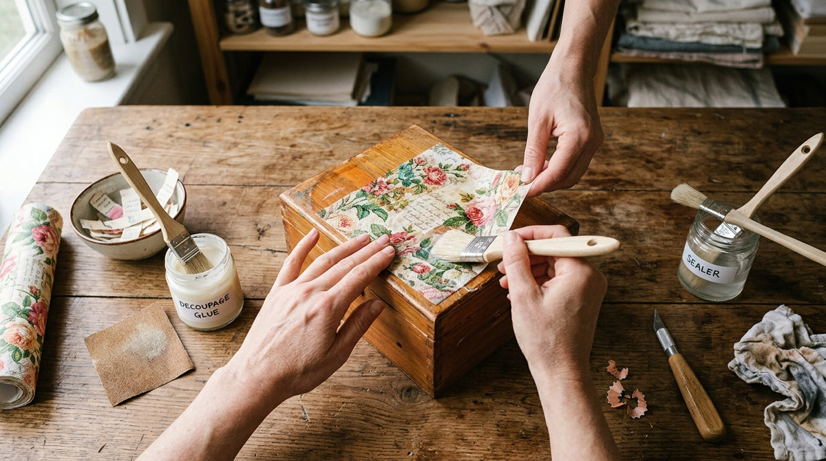 Decoupage su legno: scatola di legno decorata con tovagliolo vintage