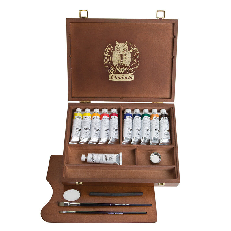 Drvena kutija s uljanim bojama Schmincke NORMA Professional 11 x 35 ml + pribor