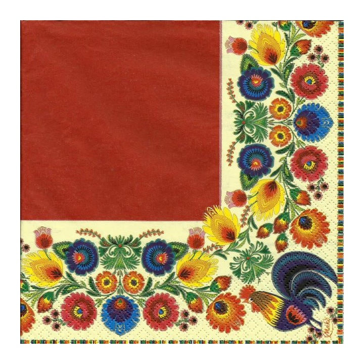 Eko salveta za dekupaž Folk Cocks Red & Cream - 1 kom