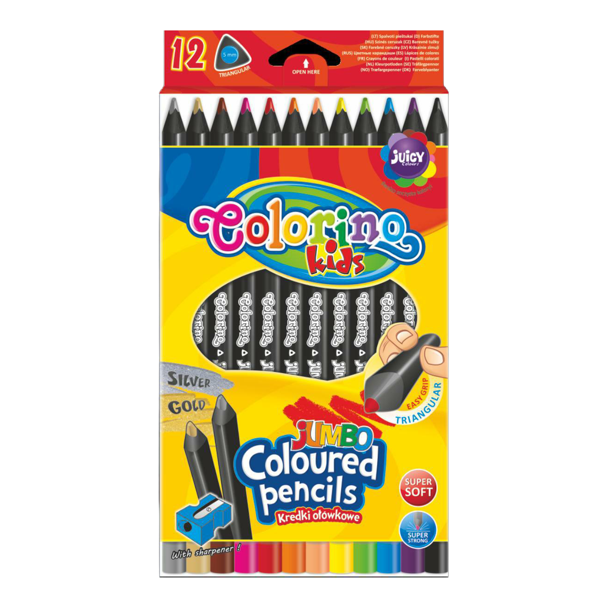 Trokutaste JUMBO drvene bojice Colorino od crnog drva sa šiljilom - 12 boja
