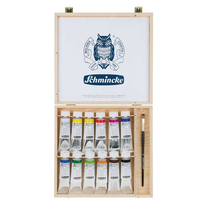 Set akrilnih boja i kistove u drvenoj kutiji Schmincke AKADEMIE 12 x 60 ml