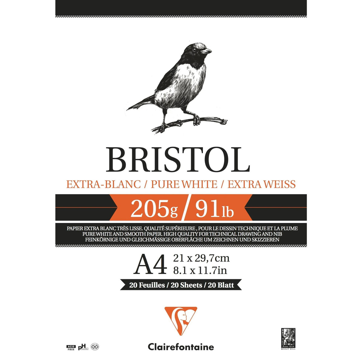 Blok za crtanje CLAIREFONTAINE Bristol 205 g/m² – 20 listova, A4 – A3