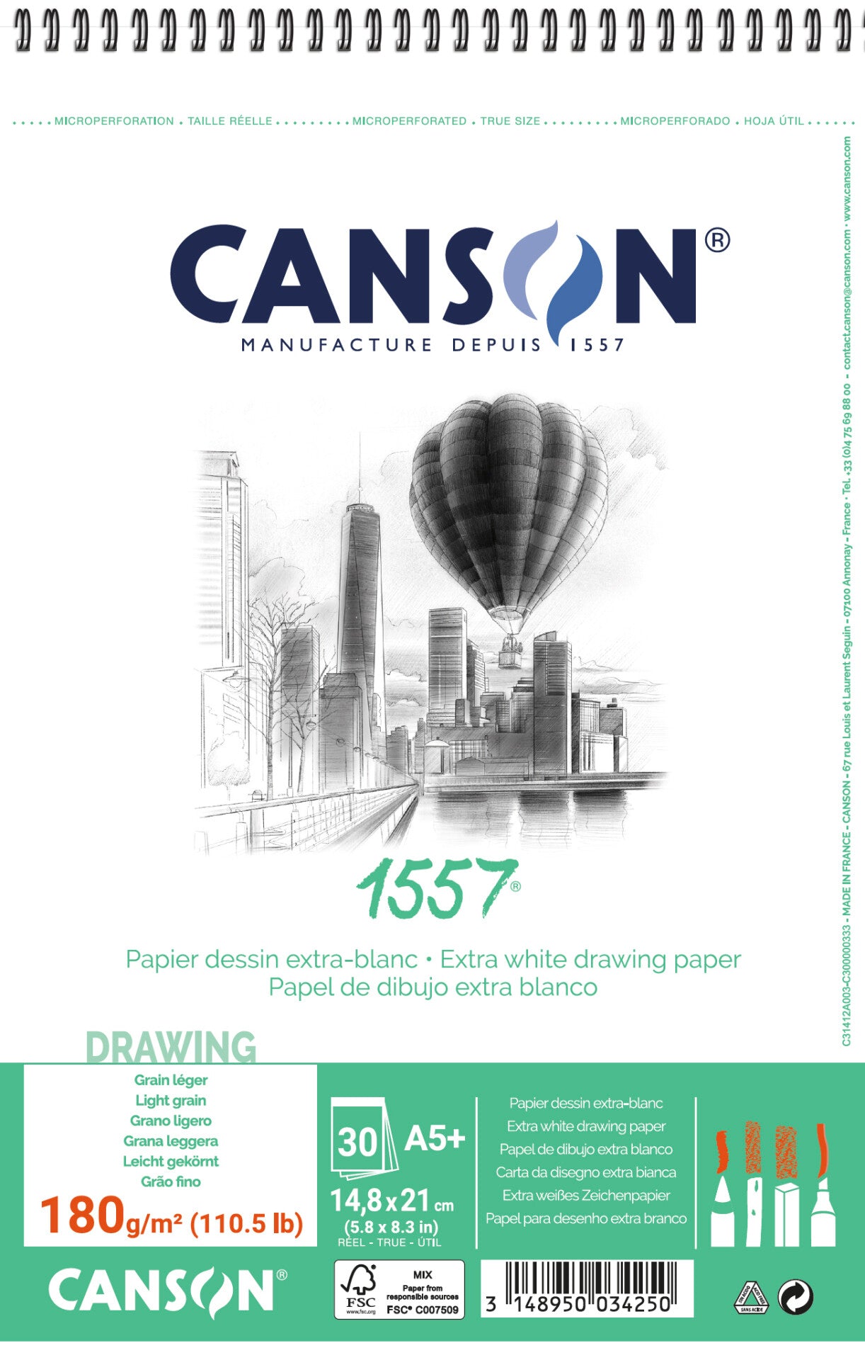 Blok za skiciranje CANSON 1557 180 g/m² A5 30 listova, spiralni uvez