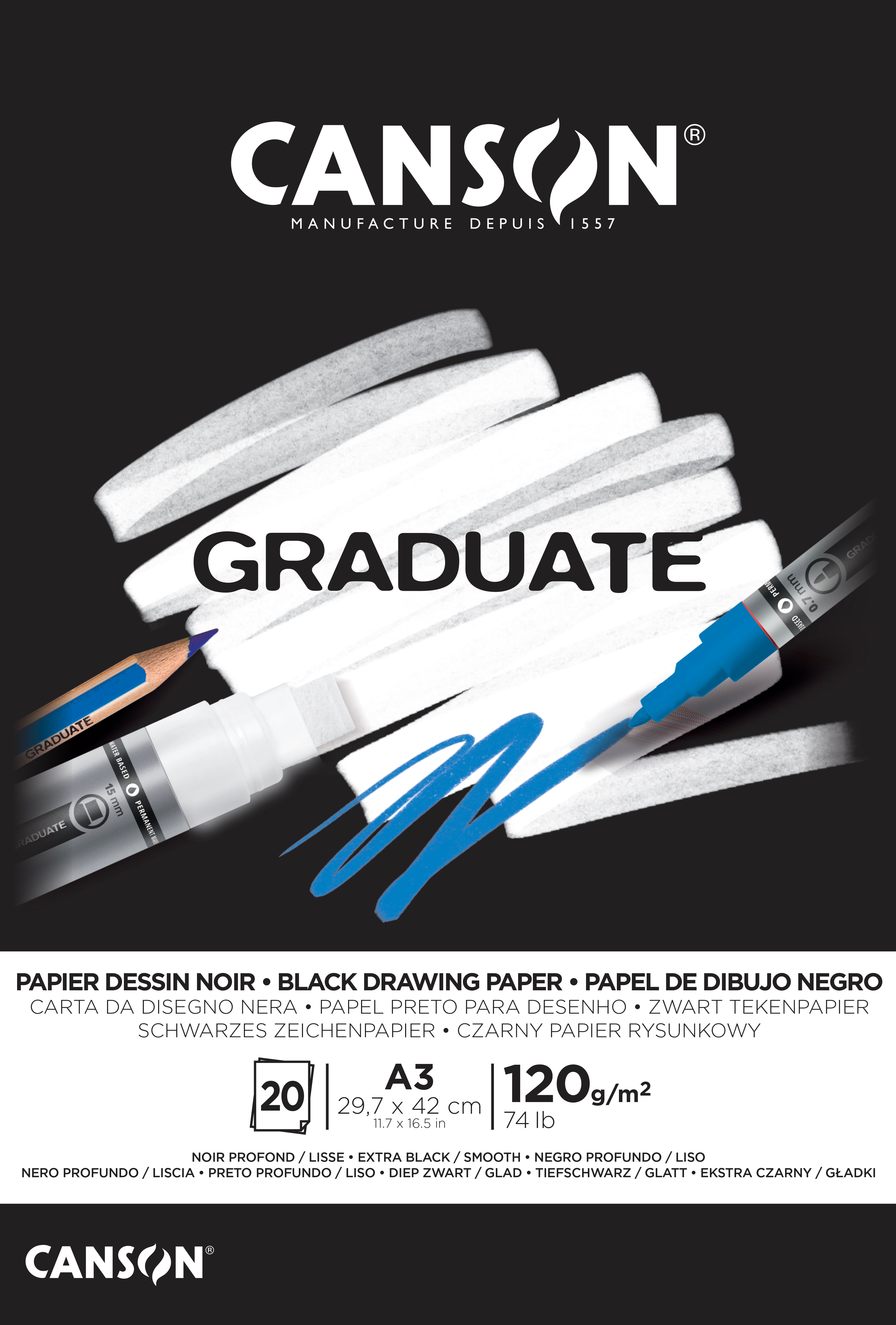 Crni blok za skiciranje CANSON Graduate 120 g/m² A3 - 20 listova, lijepljeni