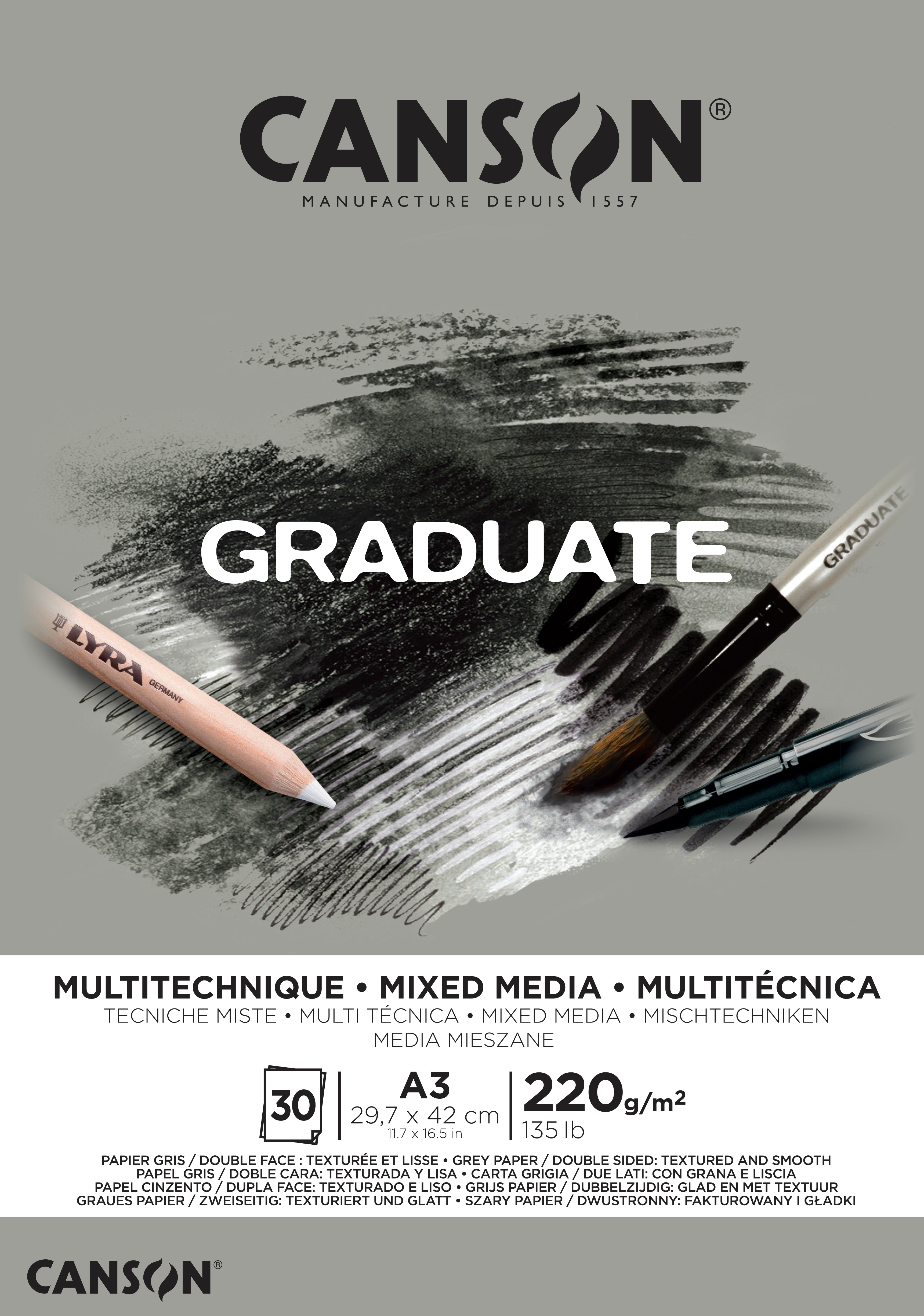 CANSON Graduate Mix Media sivi blok 220 g A3, 30 listova, ljepljen