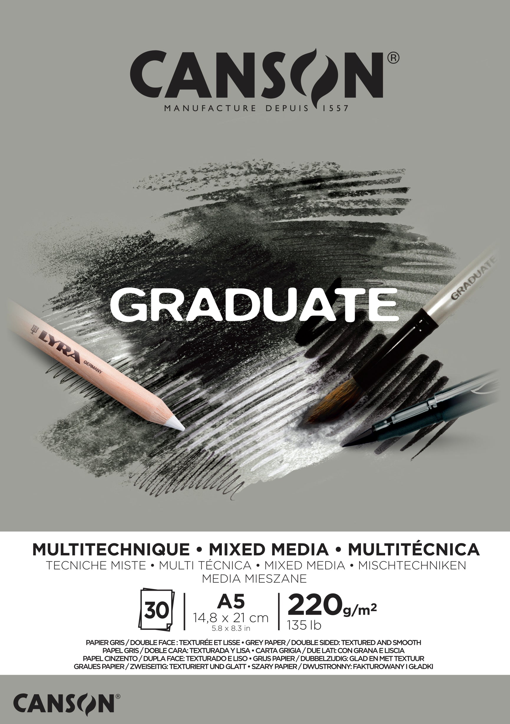 CANSON Graduate Mix Media sivi blok 220 g A5 - 30 listova lijepljeni