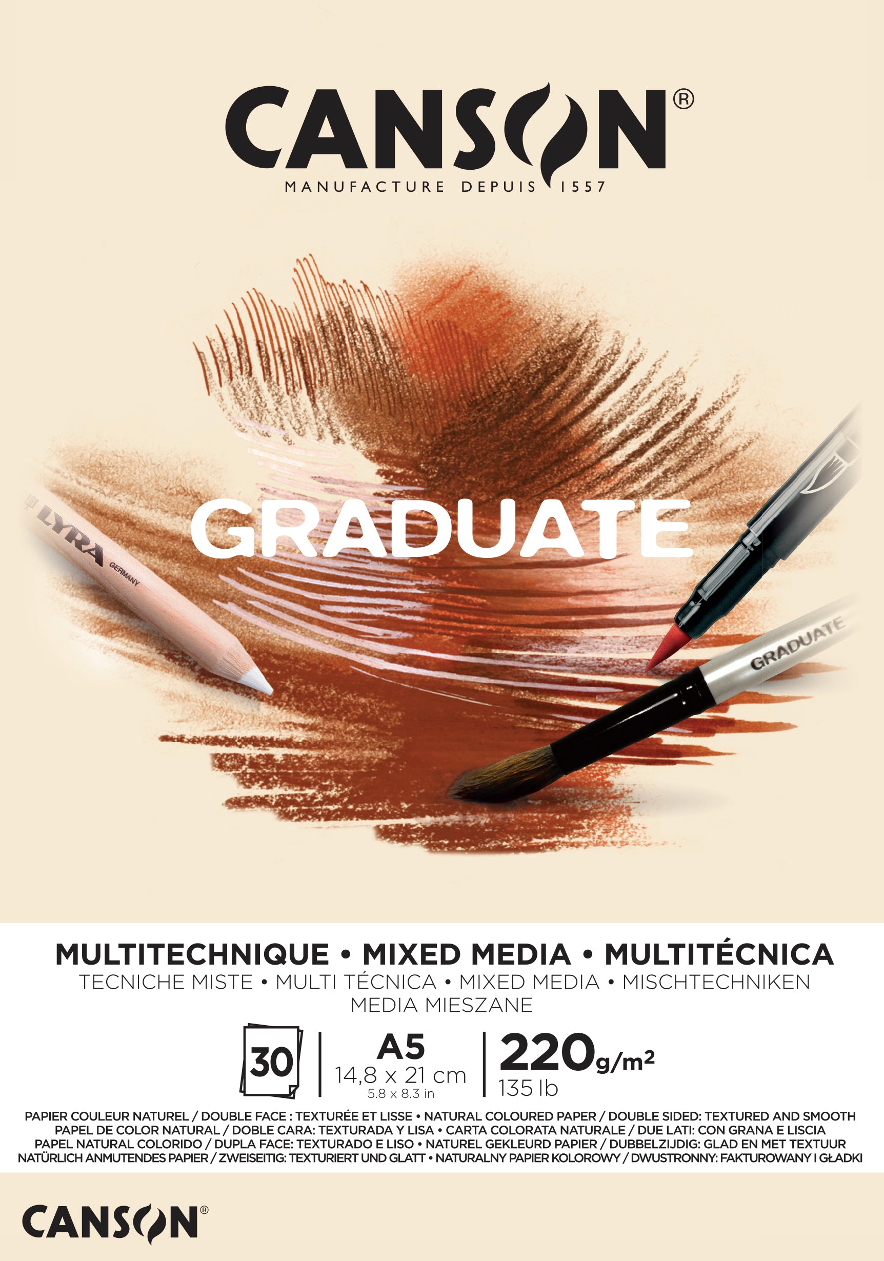 Canson Graduate Mix Media blok Natural 220 g 30 listova A5 lijepljeni