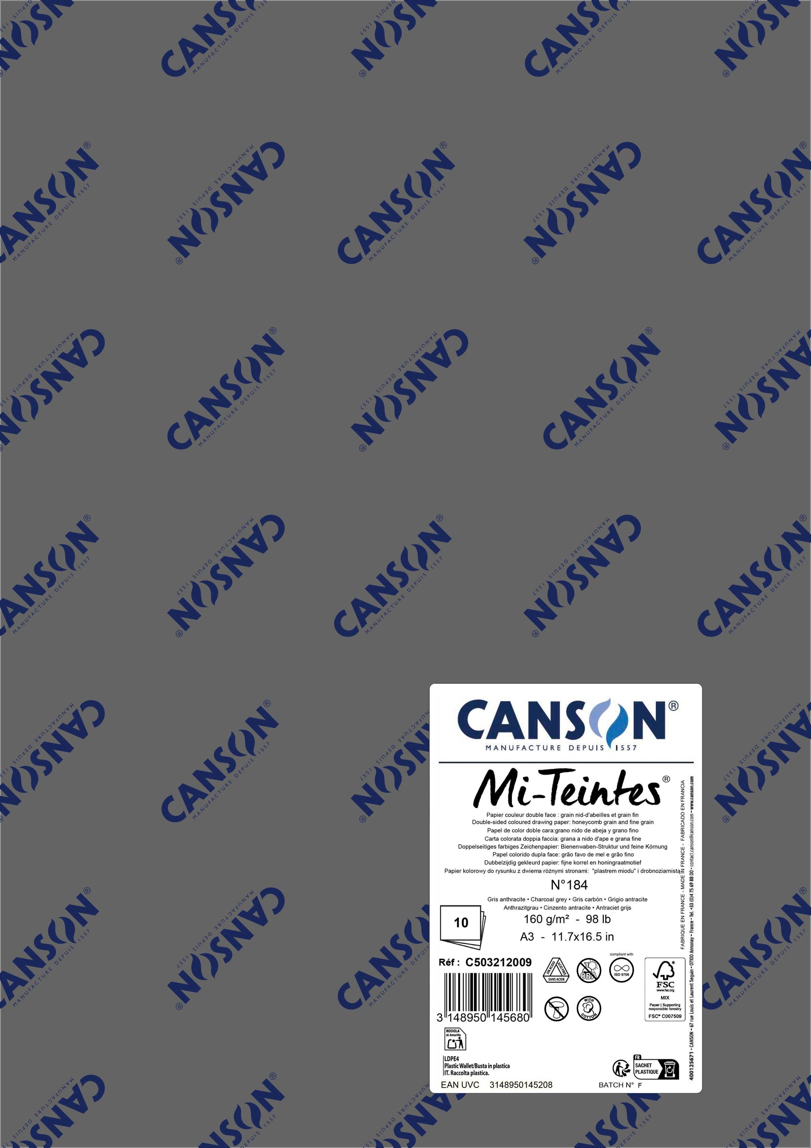 Papir za pastel Canson Mi-Teintes A3 160 g - 10 listova – Ugljen siva 184