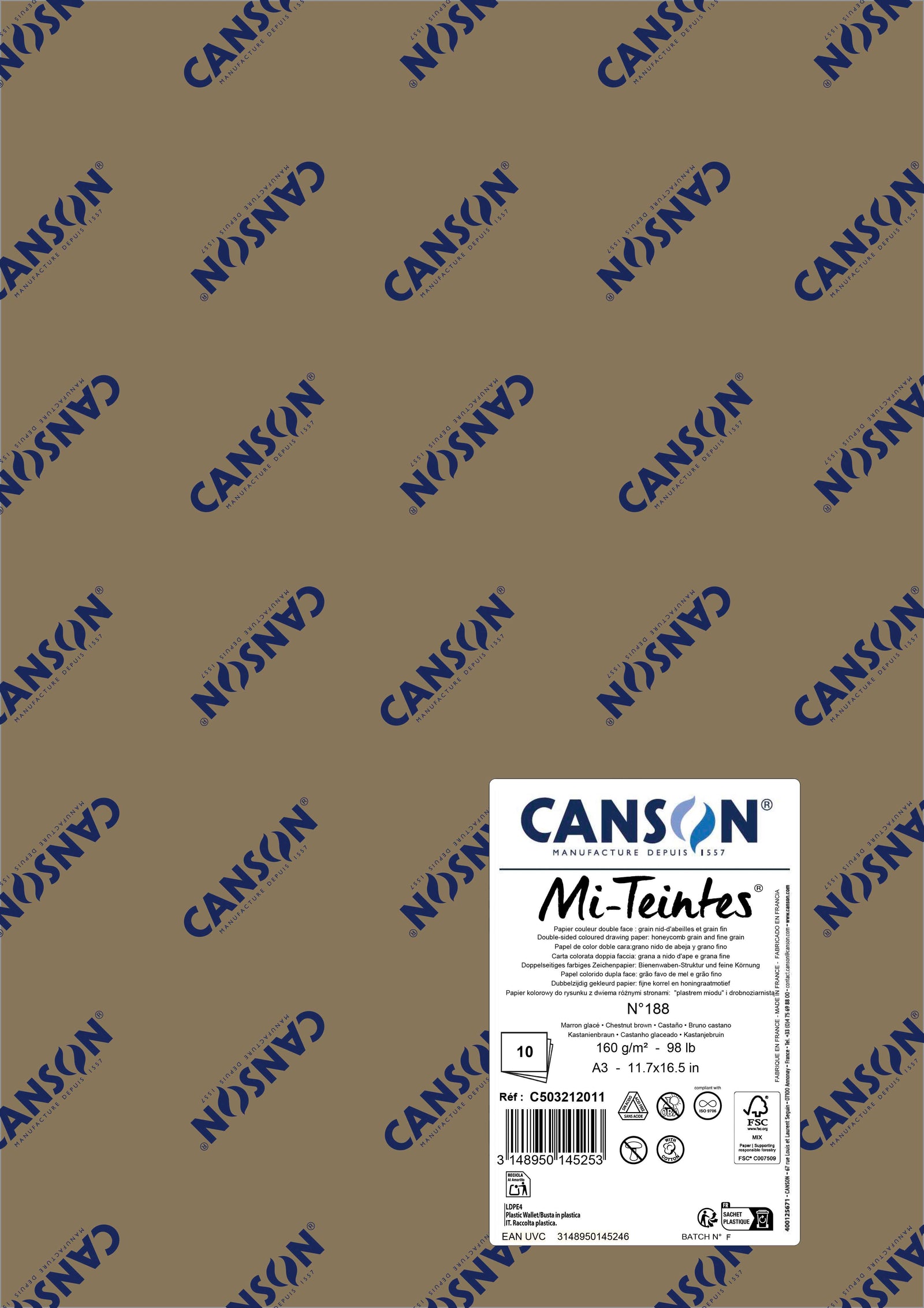 Papir za pastel Canson Mi-Teintes A3 160 g - 10 listova – Kestenjasto smeđa 188