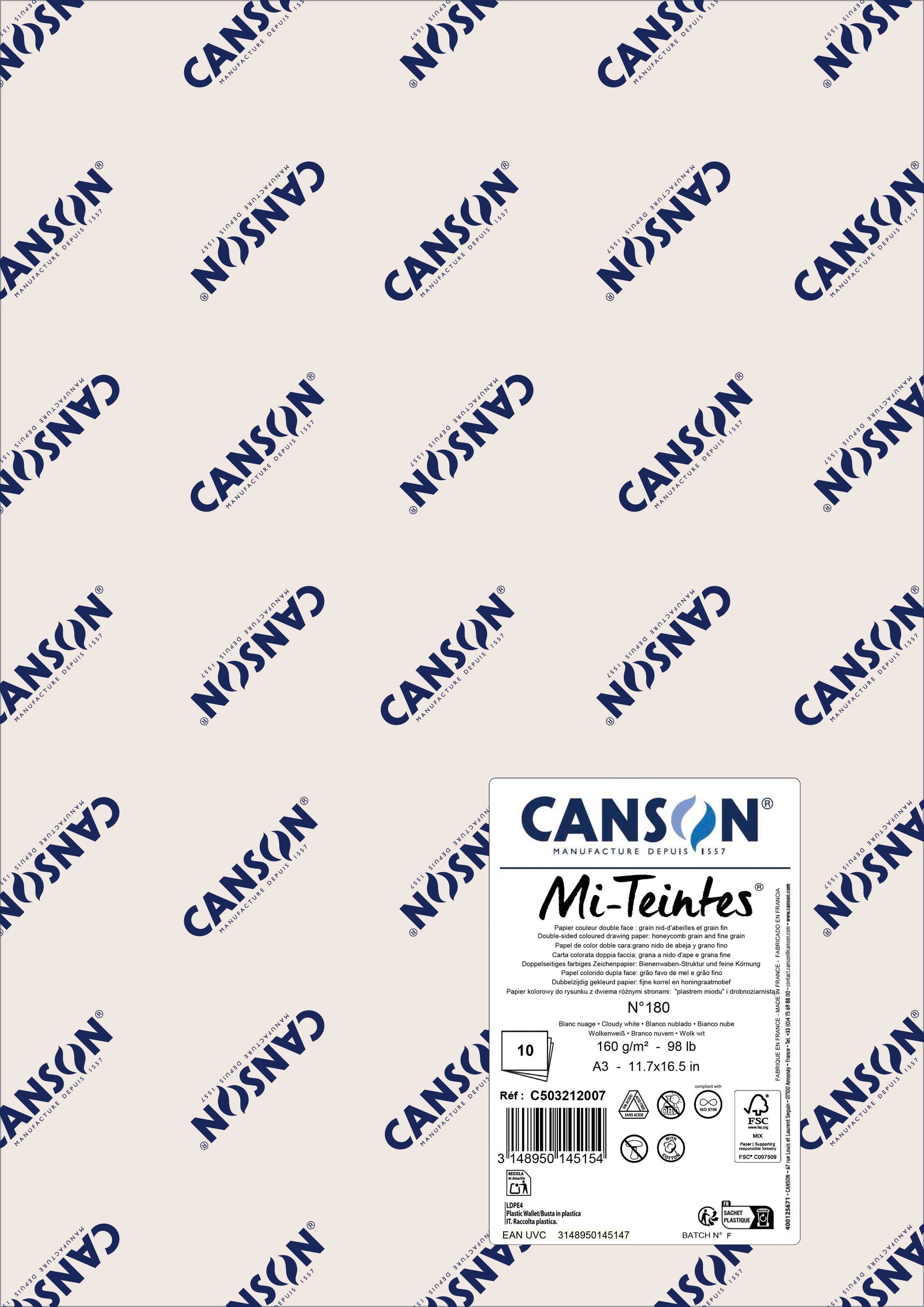 Papir za pastel Canson Mi-Teintes A3 160 g - 10 listova – Oblačno bijela 180