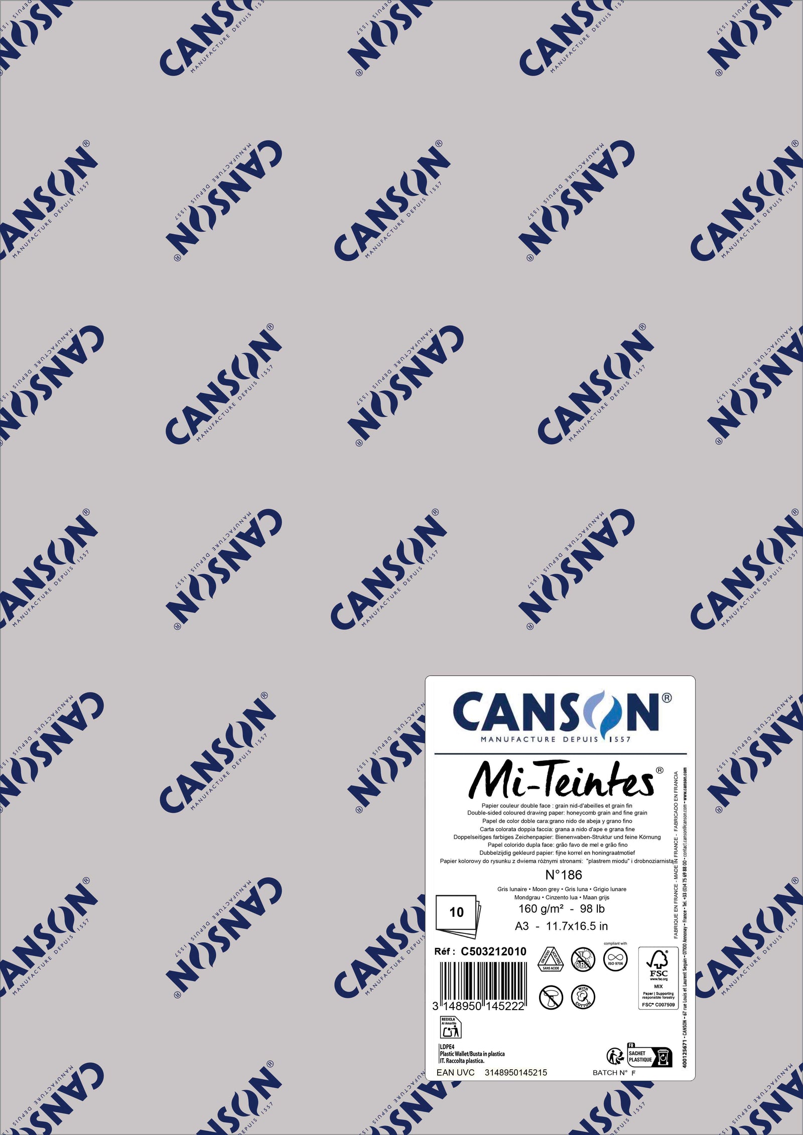 Papir za pastel Canson Mi-Teintes A3 160 g - 10 listova – Mjesečevo siva 186