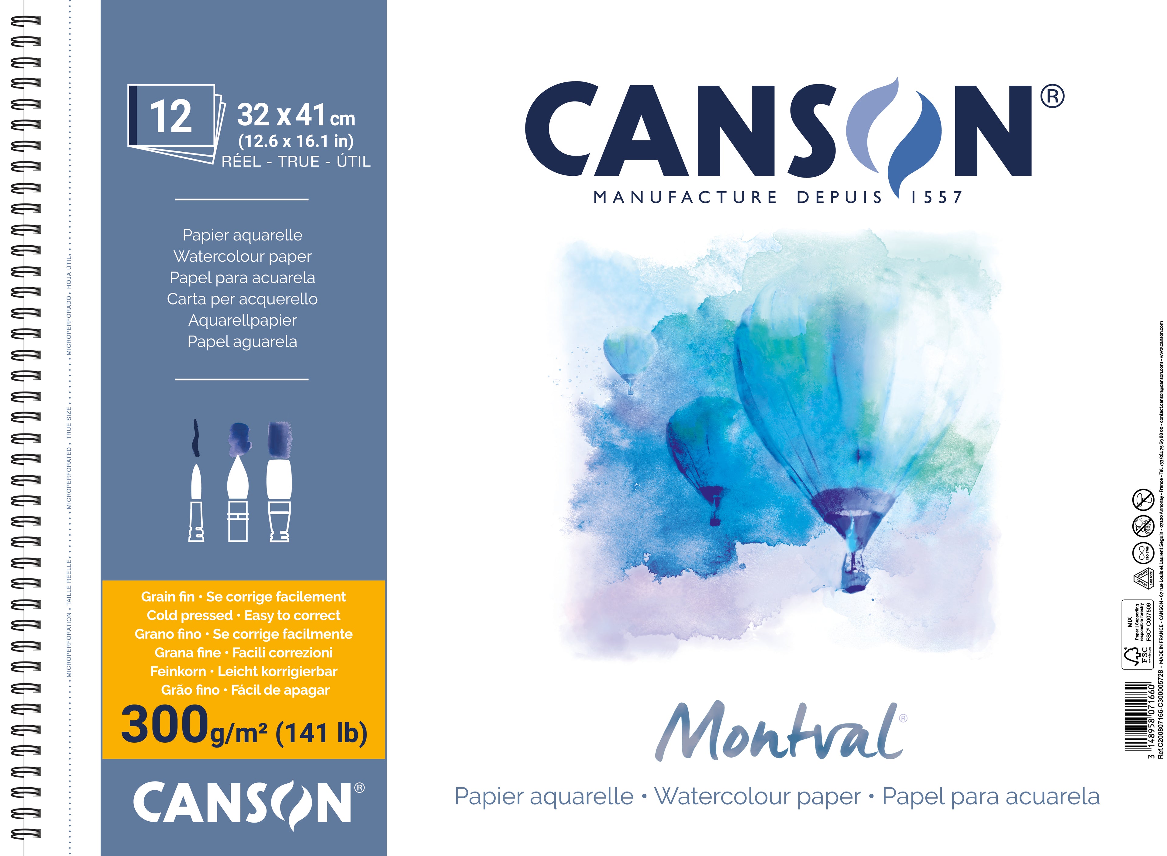 CANSON Montval akvarelni blok CP 300 g/m² 12L 32 x 41 cm spiralni uvez