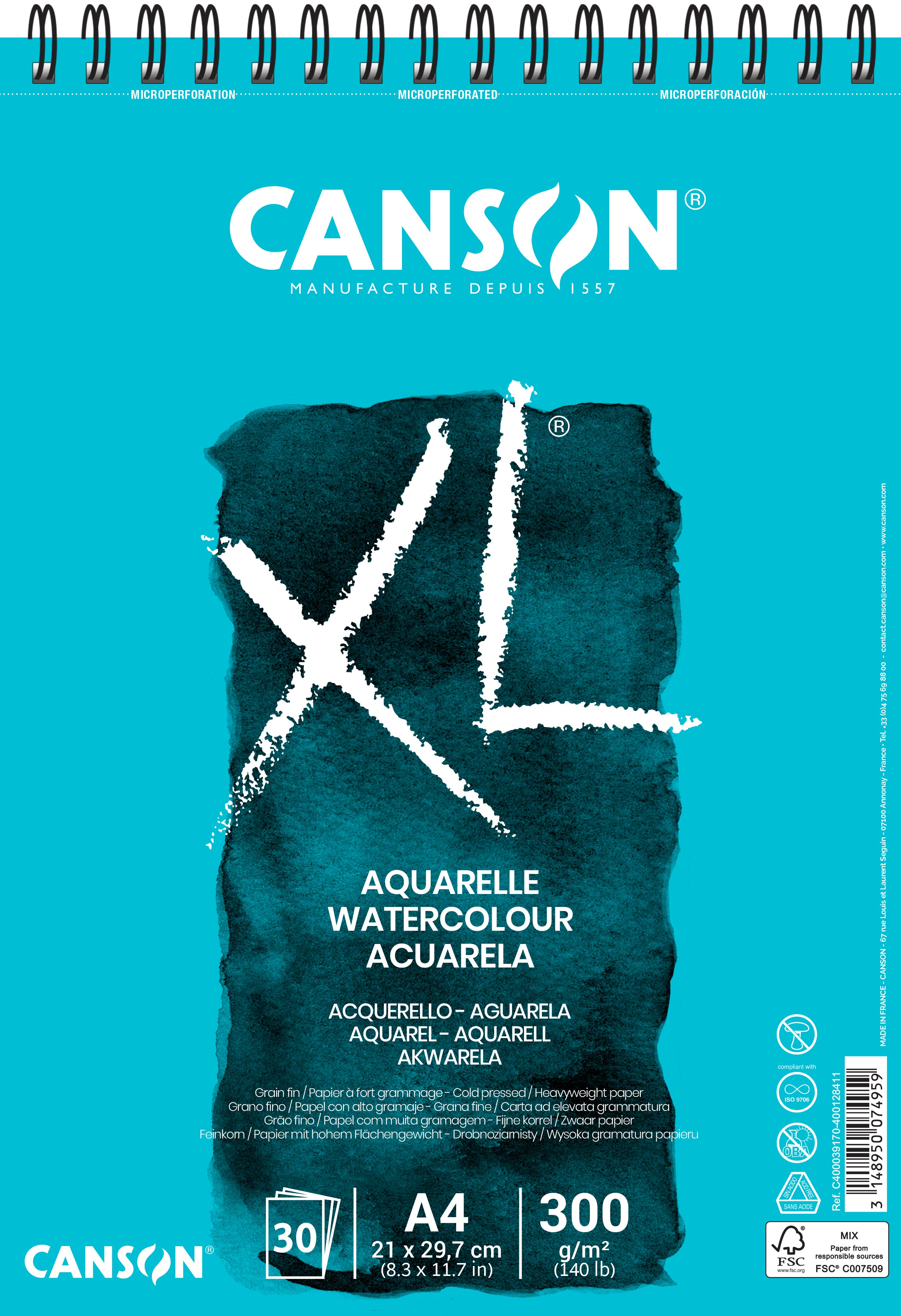 Canson XL akvarelni blok CP White 300 g/m² - 30 listova, A4, spiralni uvez