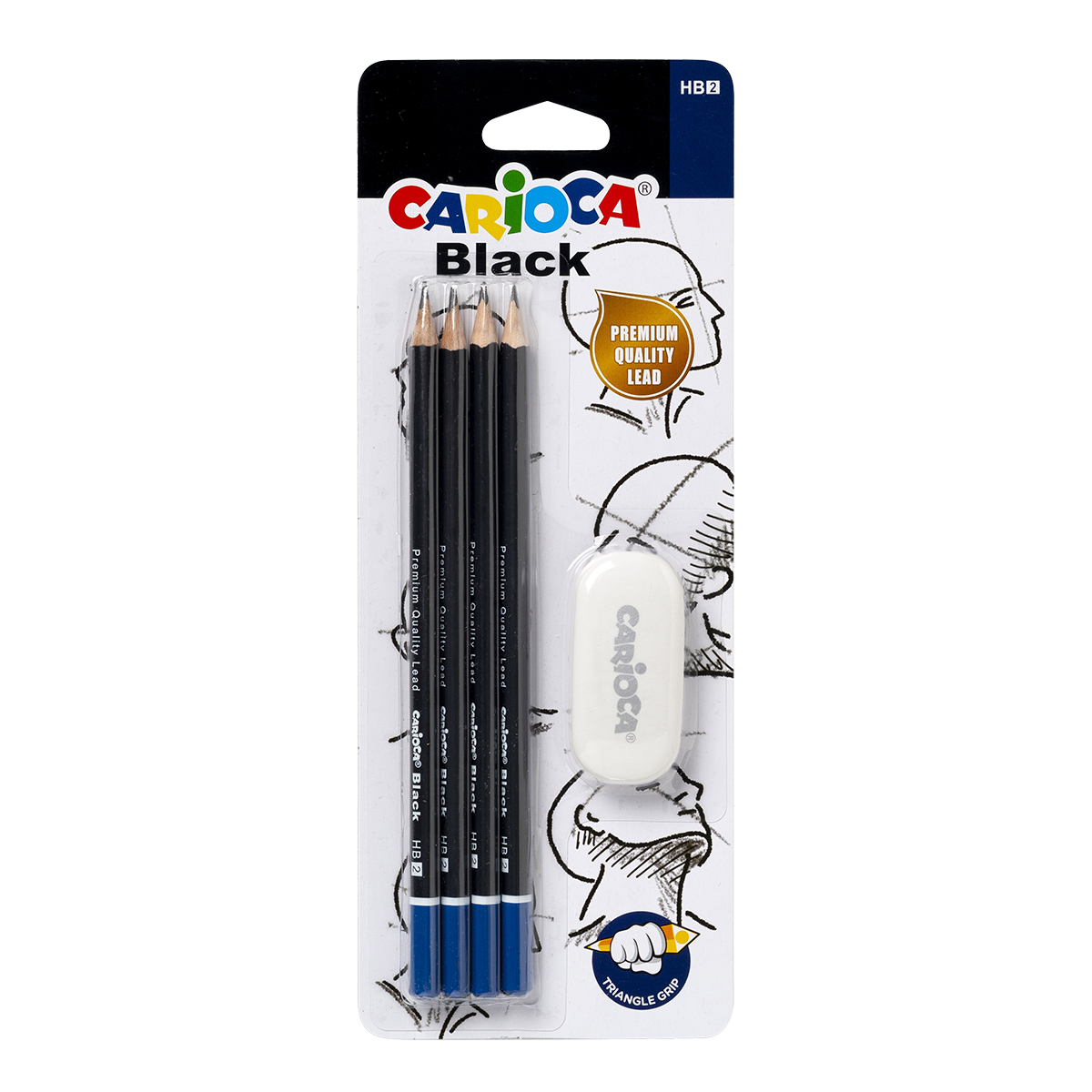 Carioca set trokutastih olovaka Black 2/HB s gumicom, 4 kom