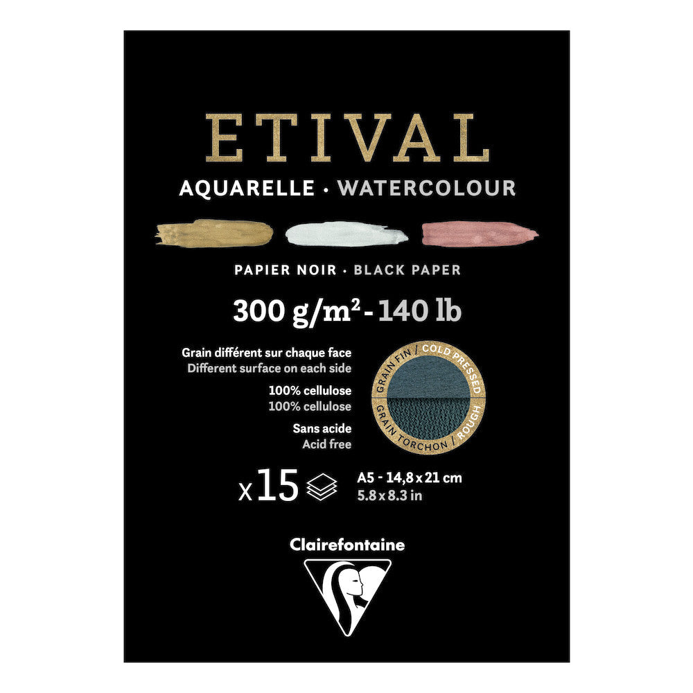 Clairefontaine Étival akvarelni blok CP R 300 g 15L lijepljeni Black
