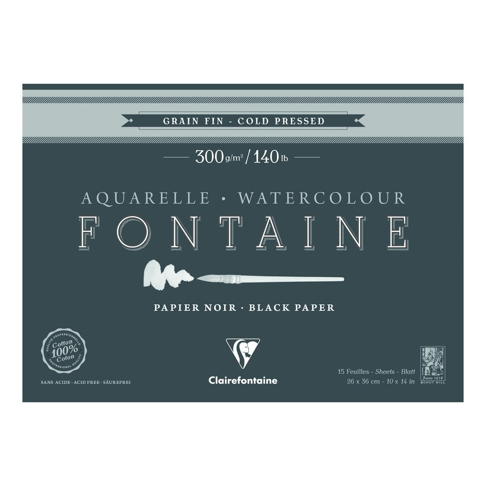 Clairefontaine Fontaine akvarelni blok CP Black 300 g 15L x 26 cm lijepljen s 4 strane – 36