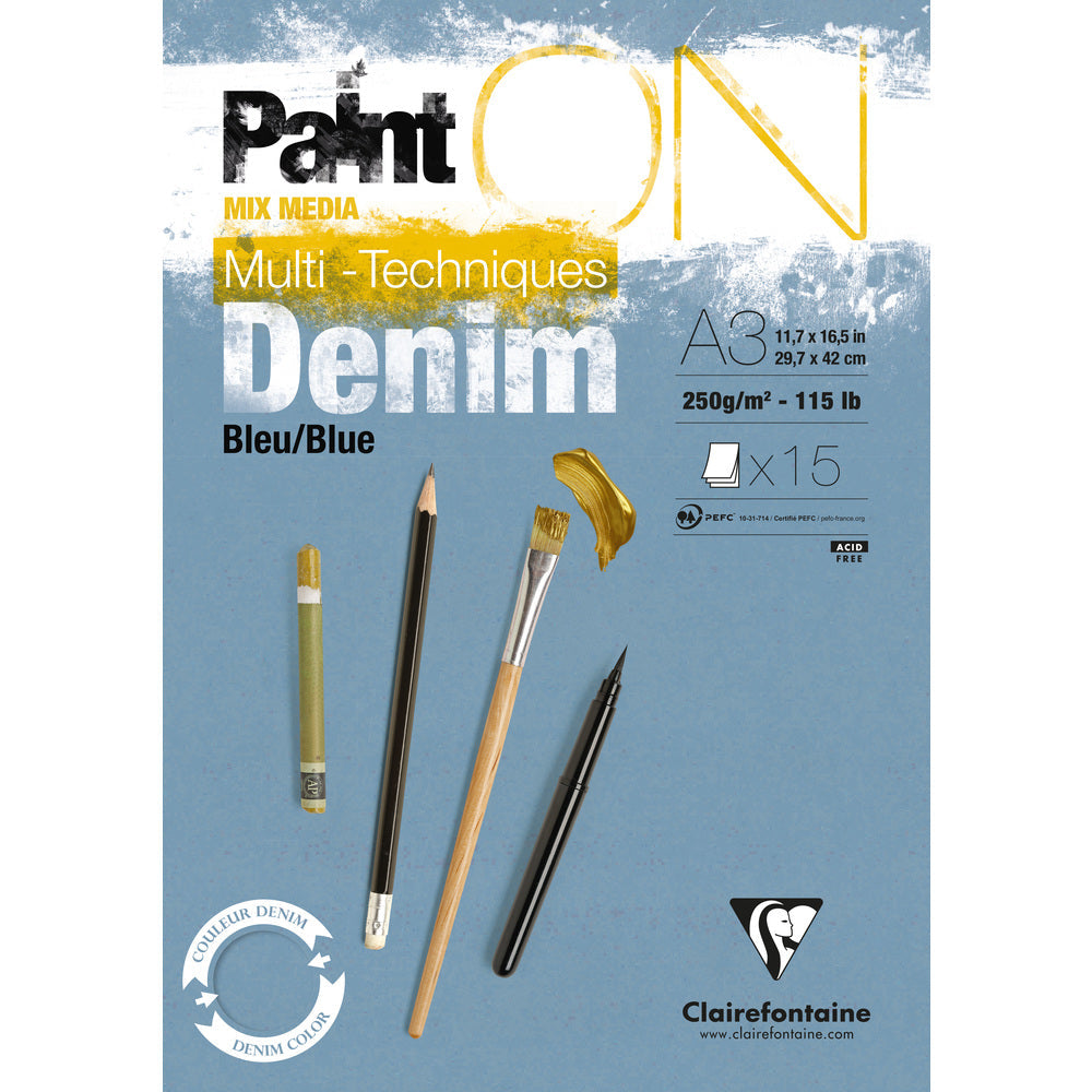 Clairefontaine Paint'On Mix Media blok 250 g lijepljeni – 15L A3 Denim plava