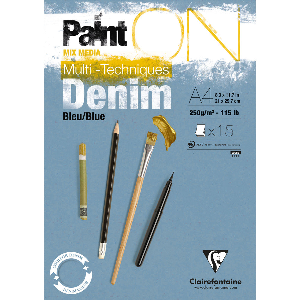 Clairefontaine Paint'On Mix Media blok 250 g lijepljeni – 15L A4 Denim plava