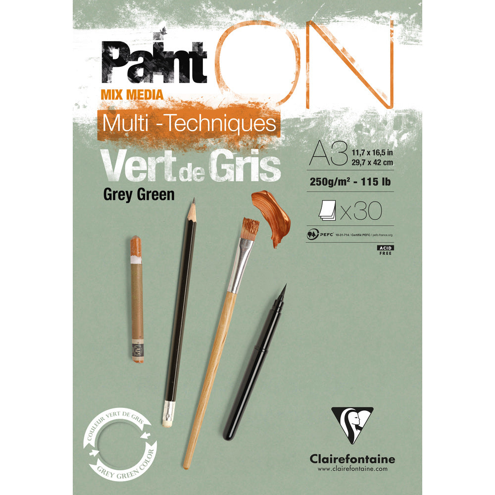 Clairefontaine Paint'On Mix Media blok 250 g lijepljeni – 30L A3 Sivo zelena