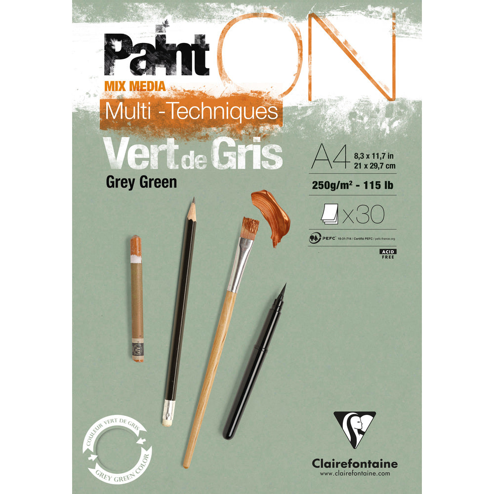 Clairefontaine Paint'On Mix Media blok 250 g lijepljeni – 30L A4 Sivo zelena