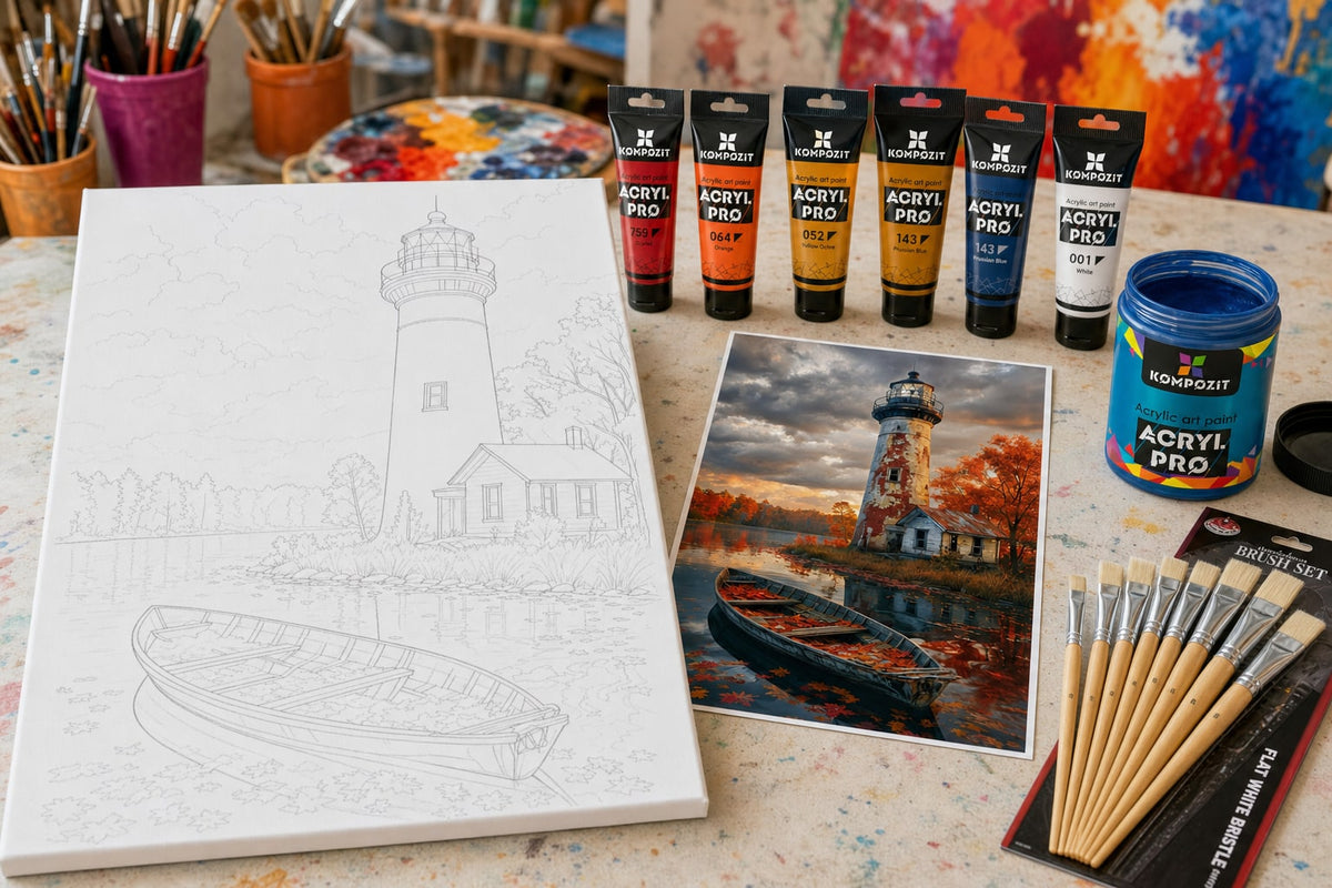 Plátno s náčrtom majáka z fotky, predloha na A4 zadarmo a akrylové farby Kompozit ACRYL PRO so štetcami