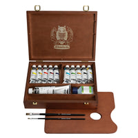 Schmincke PRIMAcryl drvena kutija s akrilnim bojama 10 x 35 ml + bijela 150 ml i kistovi
