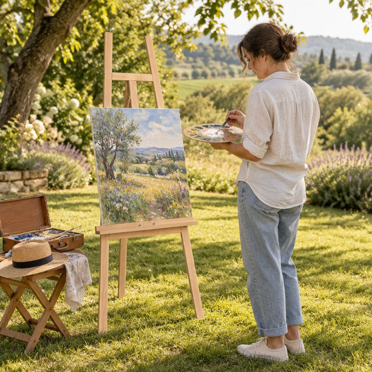 Slikanje na otvorenom — bukov štafelaj ACADEMY u vrtu