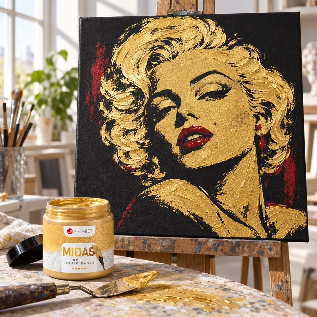 Portret na crnom platnu slikan zlatnom pastom ARTMIE MIDAS i crvenom bojom
