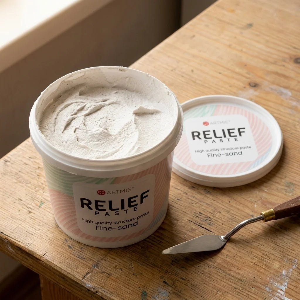 Otvoreno pakiranje ARTMIE Relief Paste — vidljiva pješčana struktura paste unutra