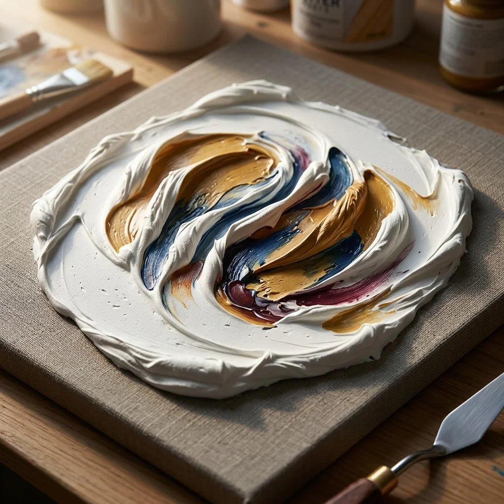 Impasto teksture s 3D reljefnom pastom za modeliranje ARTMIE Butter — paletni nož na platnu
