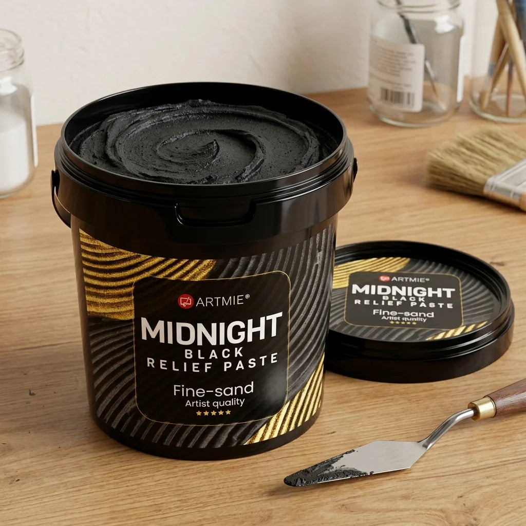 Otvoreno pakiranje ARTMIE Midnight — vidljiva crna pješčana pasta unutra