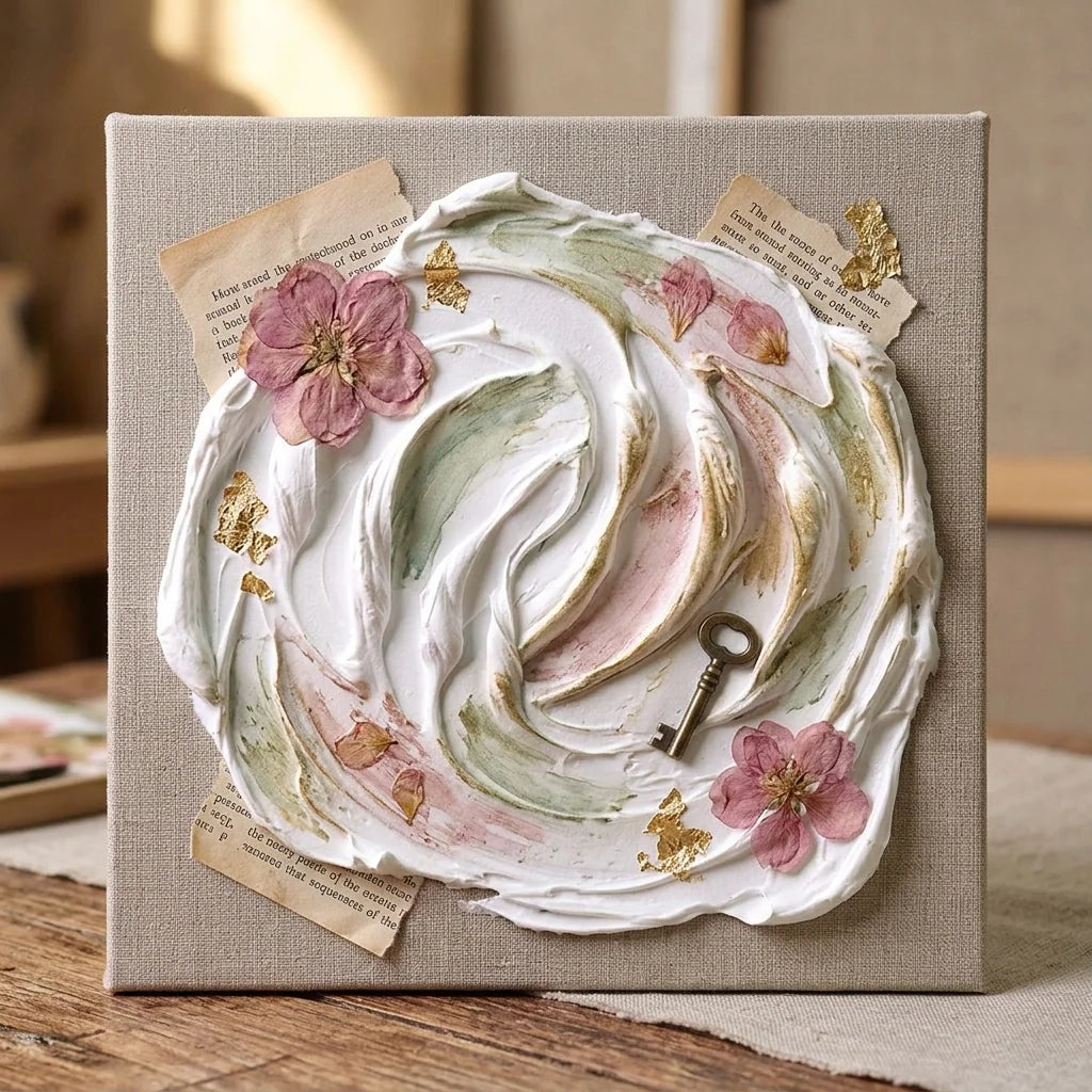 Mixed media kolaž s pastom Butter — suho cvijeće, vintage papir, mjedeni ključ