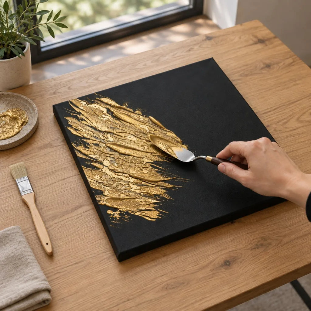 Nanošenje tekuće zlatne paste ARTMIE MIDAS špahtlom na crno platno
