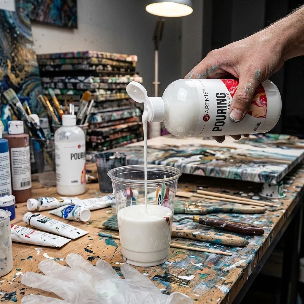 Izlijevanje bijelog pouring medija ARTMIE iz bočice od 500 ml u čašu